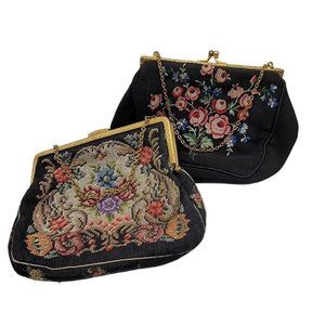 2 Beautiful Vintage Embroidered Petit Point Clutches Handbag Purse Black Gorwood